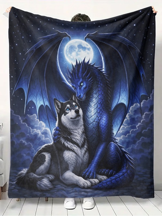 Other - Mystic Blue Dragon & Husky Fleece Throw Blanket